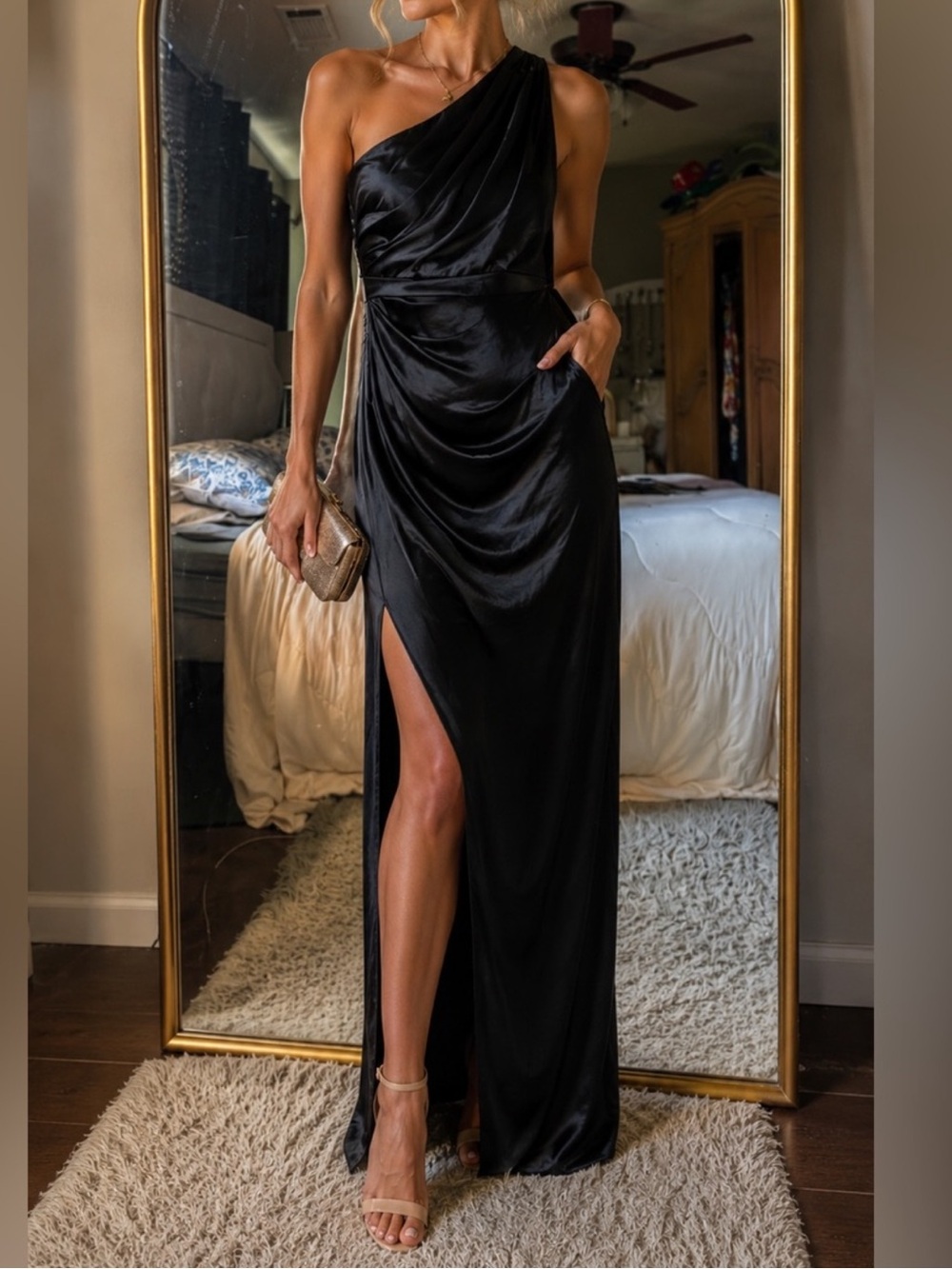 Luxxel One-Shoulder Black Satin Evening Gown